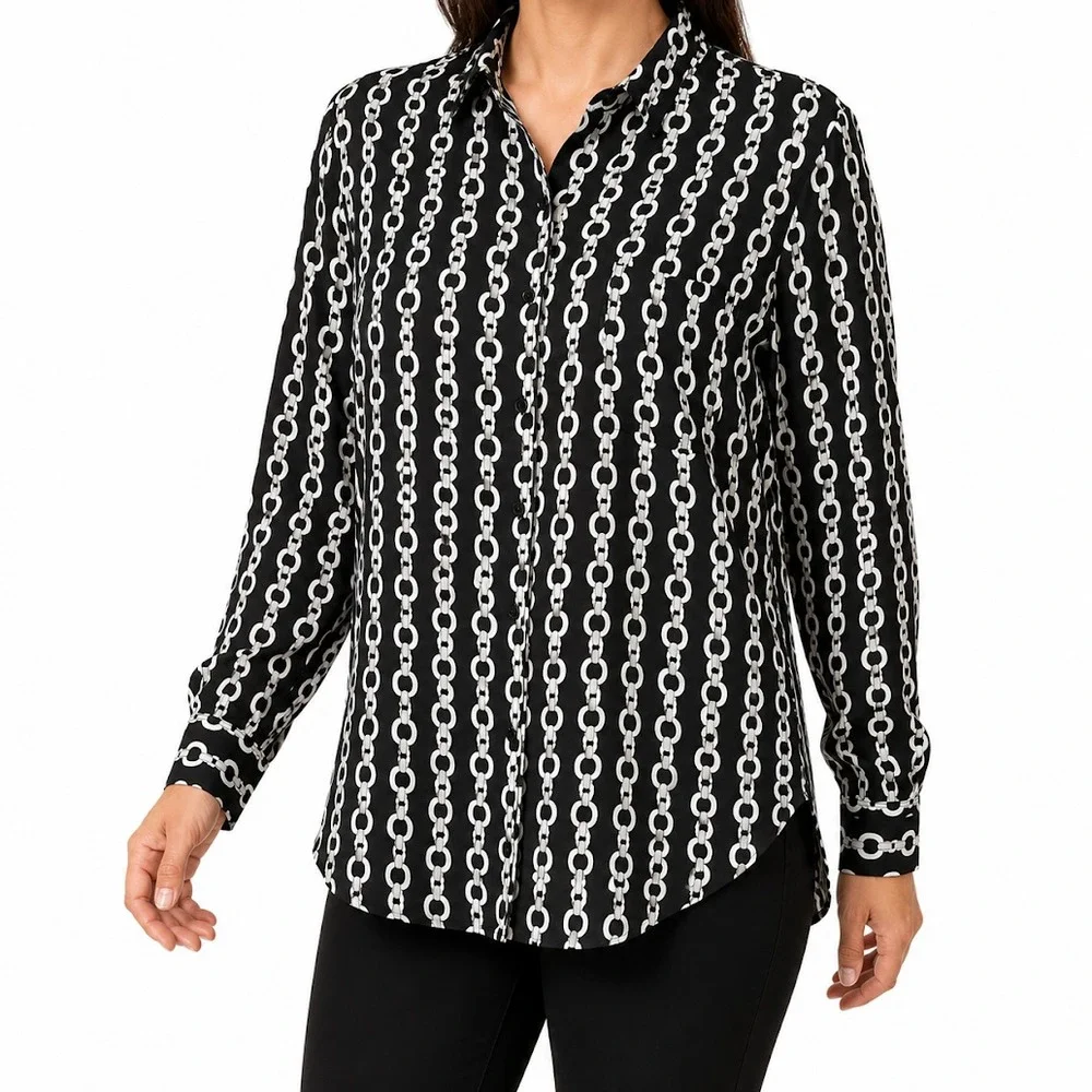 Zara Blouse Women Medium Black Chain Print Button Down Long Sleeve Casual Pocket